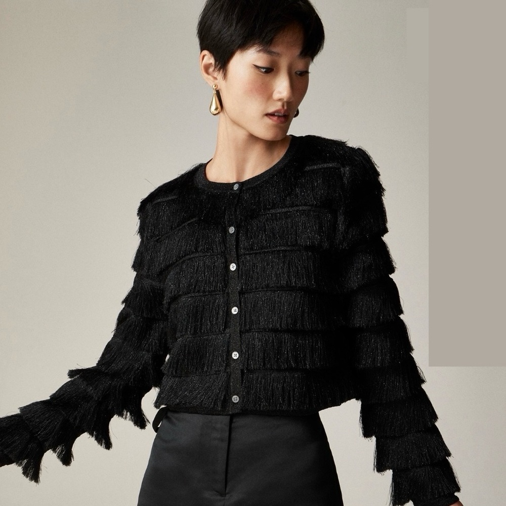 J. Crew Metallic Black Fringe Tiered Cardigan NWT